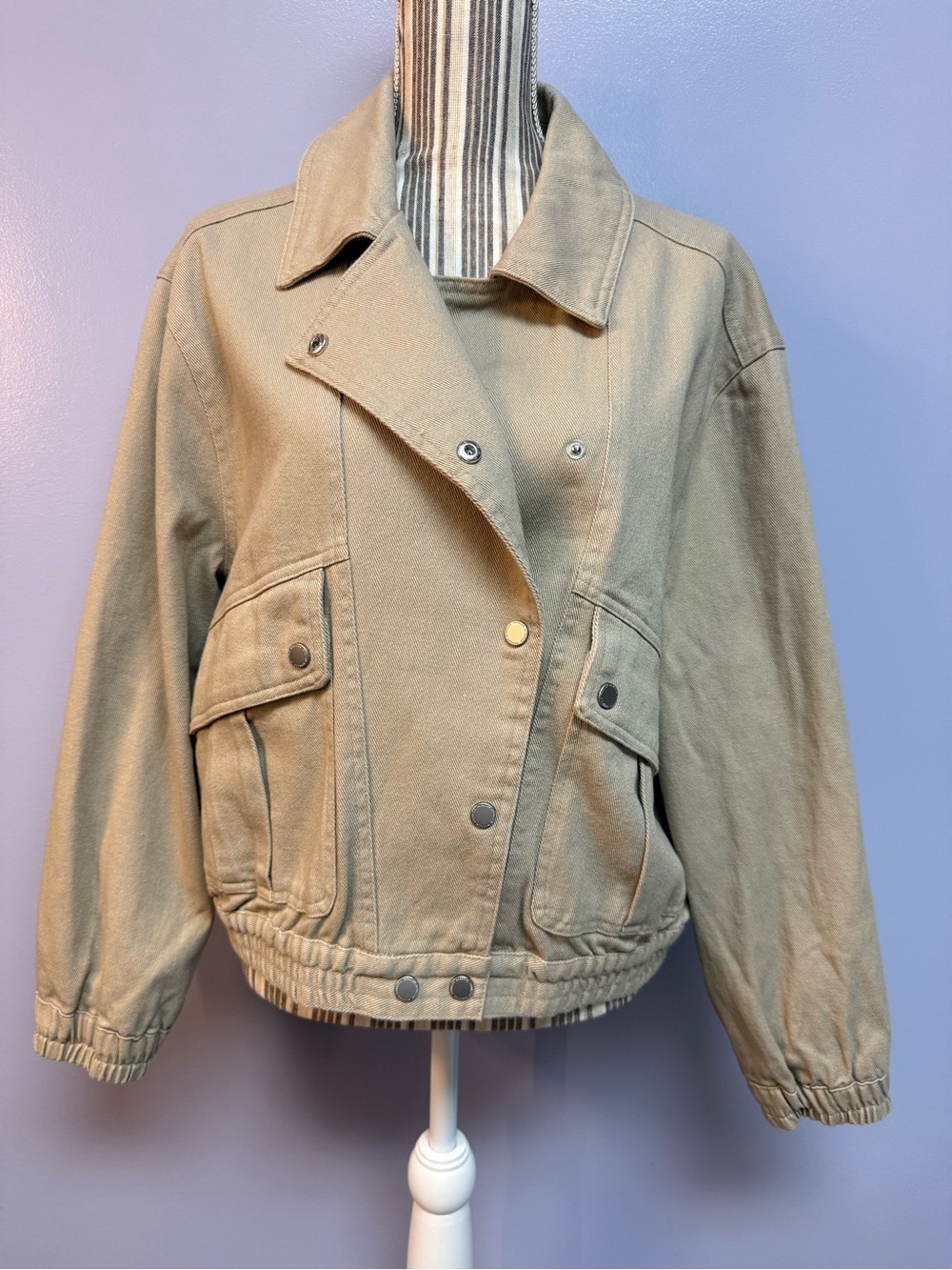 NWT Rebecca Minkoff collard snap cotton Beige Utility Jacket M - Picture 3 of 16